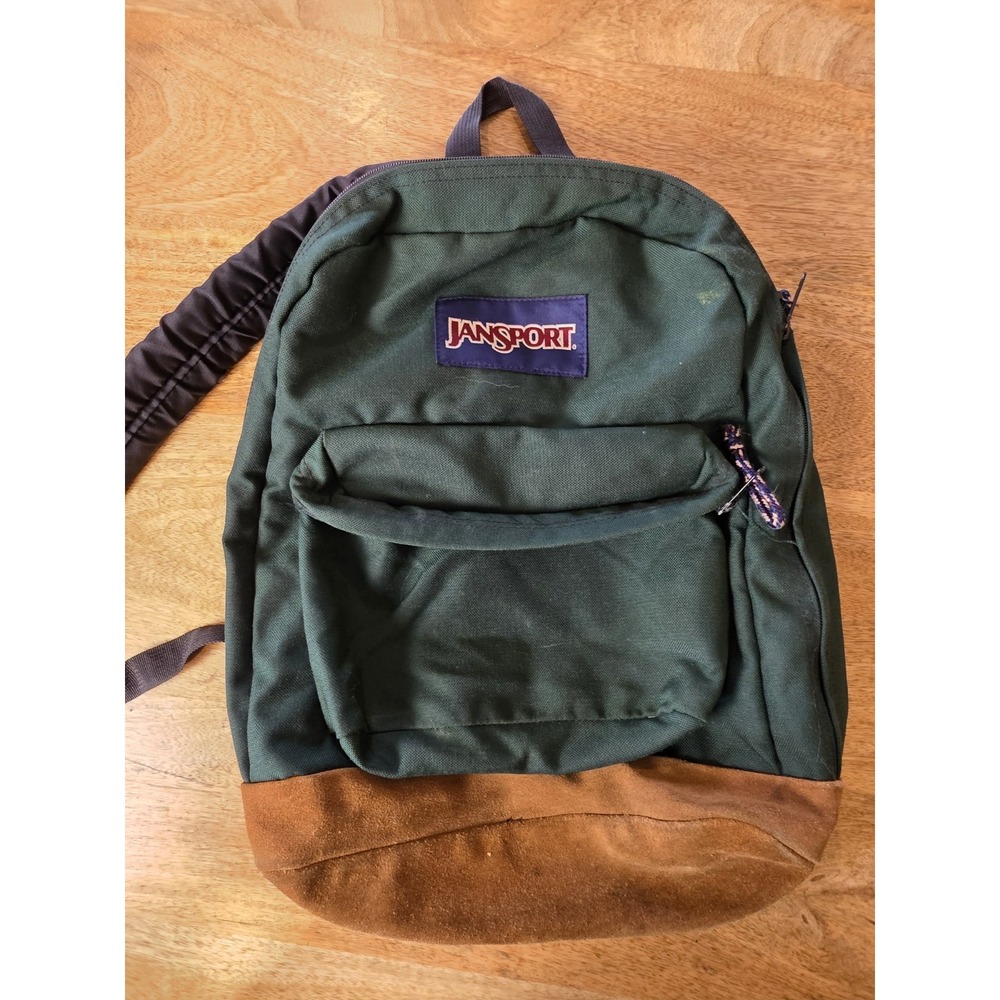 Jansport Backpack Green With Brown Leather Vintage 90s Fair Condition